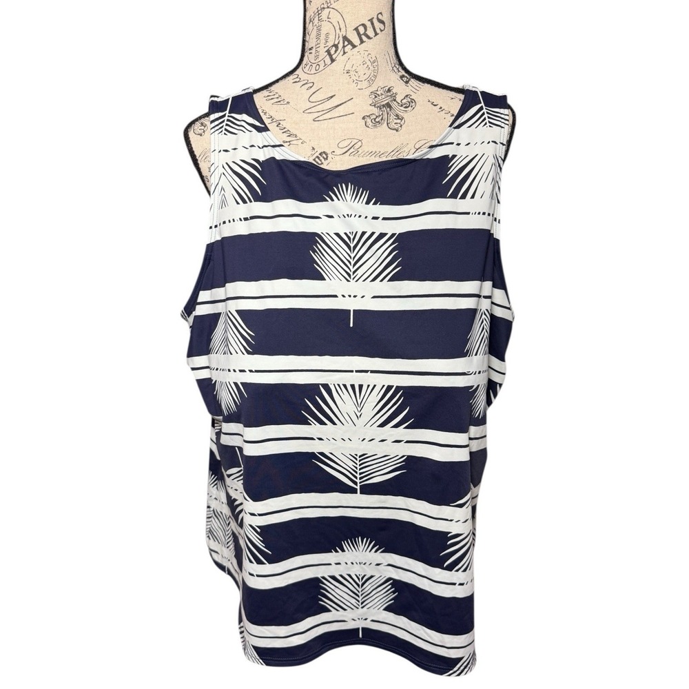 Lands End Tankini Womens 24W Blue Palm Swim Top High Neck Built‎ in Bra Modest